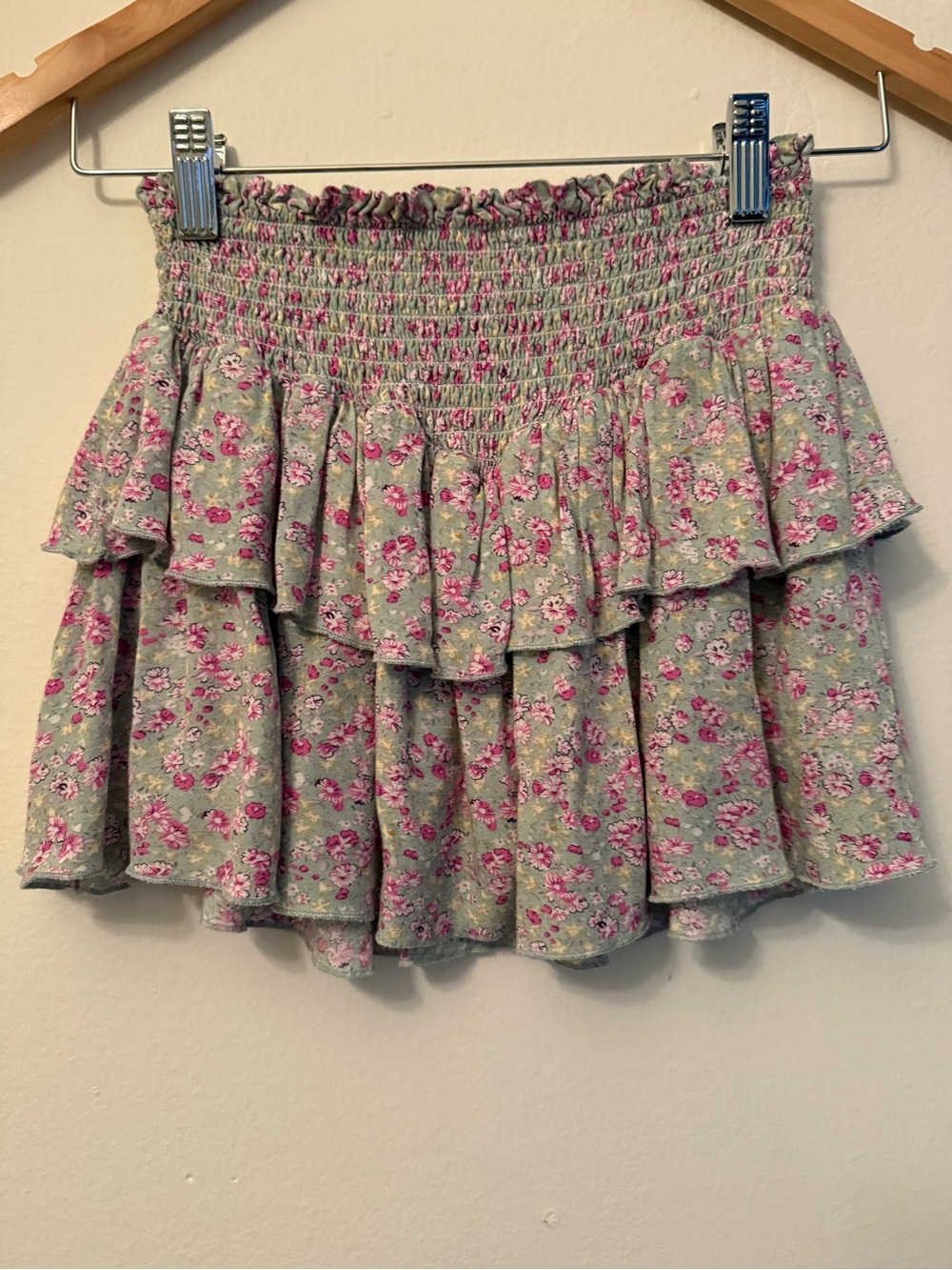 Katie J NYC Pink Floral Smocked Ruffle Mini Skirt on Sage
